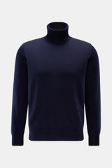 Fioroni Cashmere Rollkragenpullover 'Duvet' navy, frontale Nahaufnahme, Slim Fit, reiner Cashmere, weicher Griff, feines Strickbild, Rippstrick-Rollkragen, flexible Bündchen.