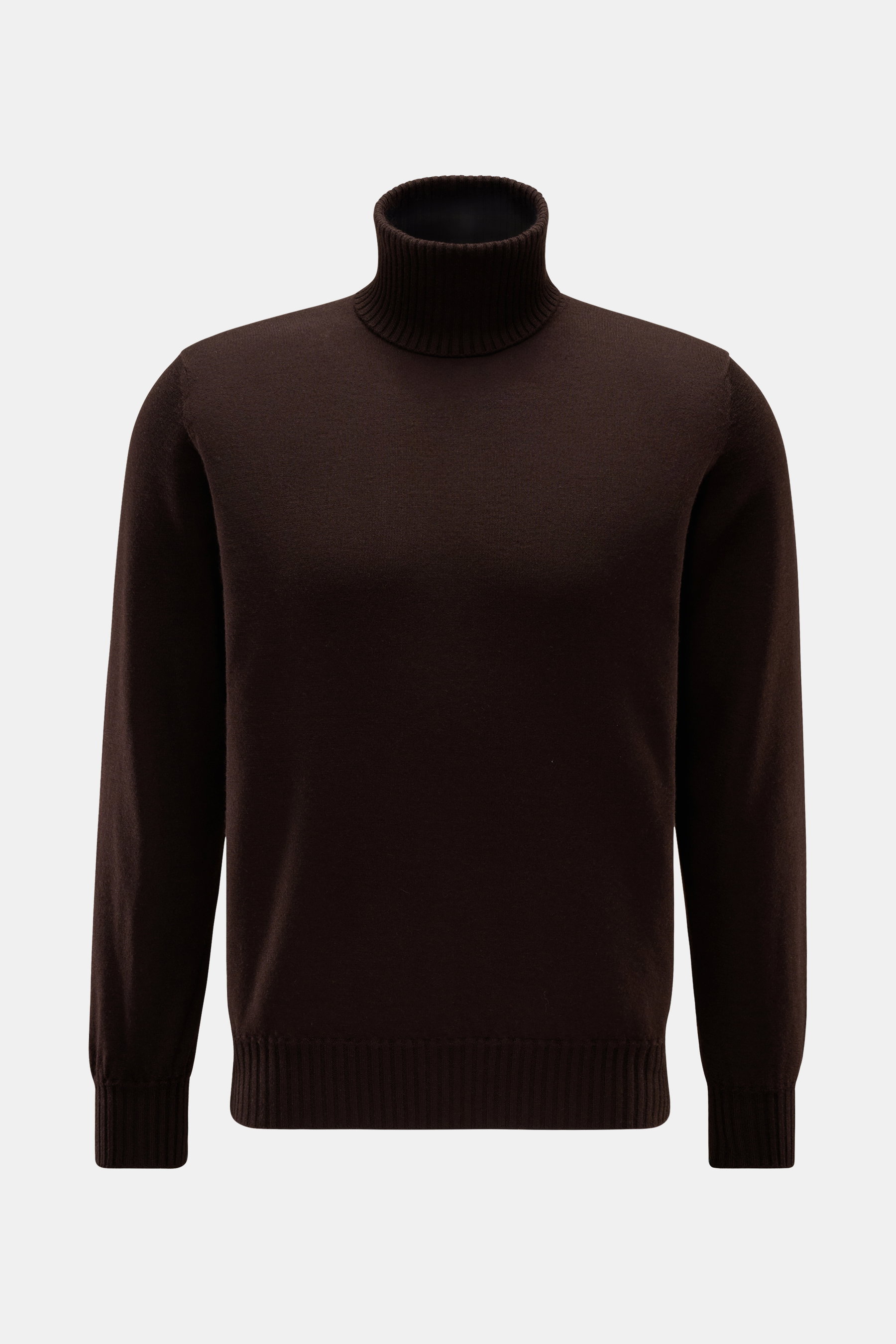 Fioroni Cashmere Rollkragenpullover 'Duvet' dunkelbraun, Slim Fit, feines Strickbild, weicher Griff, Rippstrickkragen, flexible Bündchen, frontal fotografiert.