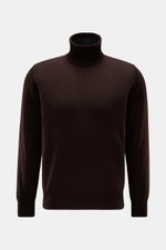Fioroni Cashmere Rollkragenpullover 'Duvet' dunkelbraun, Slim Fit, feines Strickbild, weicher Griff, Rippstrickkragen, flexible Bündchen, frontal fotografiert.