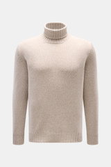 Fedeli Cashmere Rollkragenpullover 'Derby' beige meliert aus reiner Cashmere, Slim Fit, grobes Strickbild, anliegender Rollkragen, flexible Rippbündchen, frontal fotografiert.