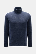 Fedeli Cashmere Rollkragenpullover 'Derby' dunkelblau meliert, Frontansicht, reiner Cashmere, grobes Strickbild, Slim Fit, anliegender Rollkragen, flexible Rippbündchen.