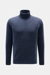 Fedeli Cashmere Rollkragenpullover 'Derby' dunkelblau meliert, Frontansicht, reiner Cashmere, grobes Strickbild, Slim Fit, anliegender Rollkragen, flexible Rippbündchen.