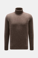 Fedeli Cashmere Rollkragenpullover 'Derby' graubraun meliert in Slim Fit, grobes Strickbild, anliegender Rollkragen, flexible Rippbündchen, Frontansicht.