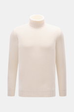 Fedeli Cashmere Rollkragenpullover 'Derby' offwhite, frontale Nahaufnahme, reiner Cashmere, softer Griff, Regular Fit, mittelfeines Strickbild, Rollkragen, Rippbündchen.