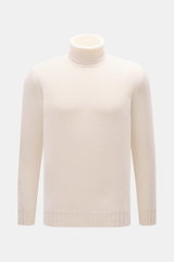 Fedeli Cashmere Rollkragenpullover 'Derby' offwhite, frontale Nahaufnahme, reiner Cashmere, softer Griff, Regular Fit, mittelfeines Strickbild, Rollkragen, Rippbündchen.