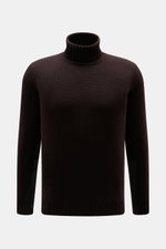 Fedeli Cashmere Rollkragenpullover 'Derby' dunkelbraun, frontal fotografiert, reiner Cashmere, voluminös, mittelfeines Strickbild, Regular Fit, Rollkragen, Rippbündchen.