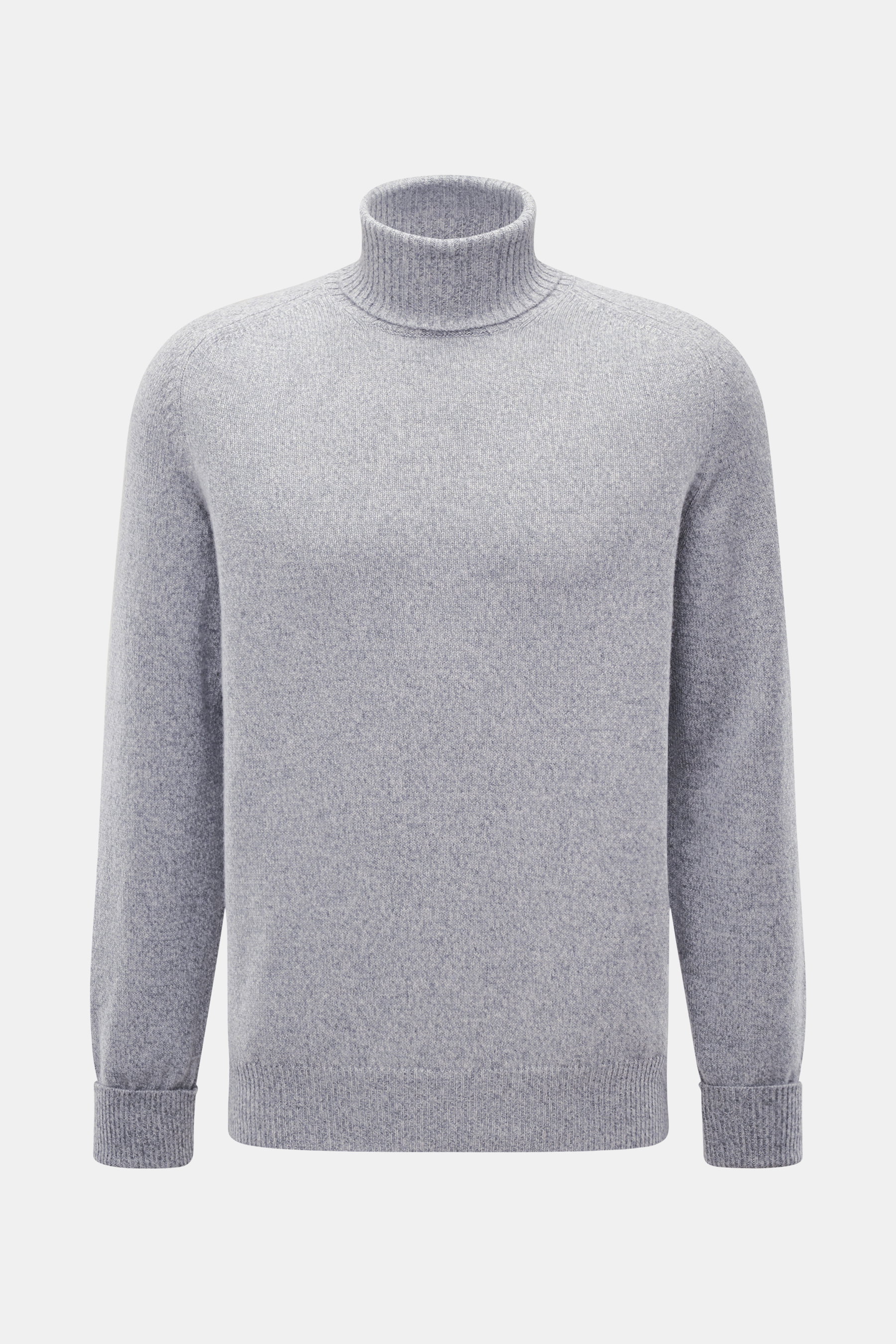 Fedeli Cashmere Rollkragenpullover 'Derby Saddler' grau meliert, Slim Fit, feines Strickbild, anliegender Rollkragen, flexible Rippbündchen, Frontansicht.