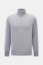 Fedeli Cashmere Rollkragenpullover 'Derby Saddler' grau meliert, Slim Fit, feines Strickbild, anliegender Rollkragen, flexible Rippbündchen, Frontansicht.