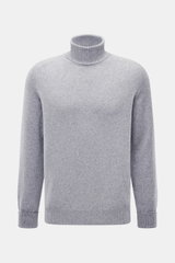 Fedeli Cashmere Rollkragenpullover 'Derby Saddler' grau meliert, Slim Fit, feines Strickbild, anliegender Rollkragen, flexible Rippbündchen, Frontansicht.