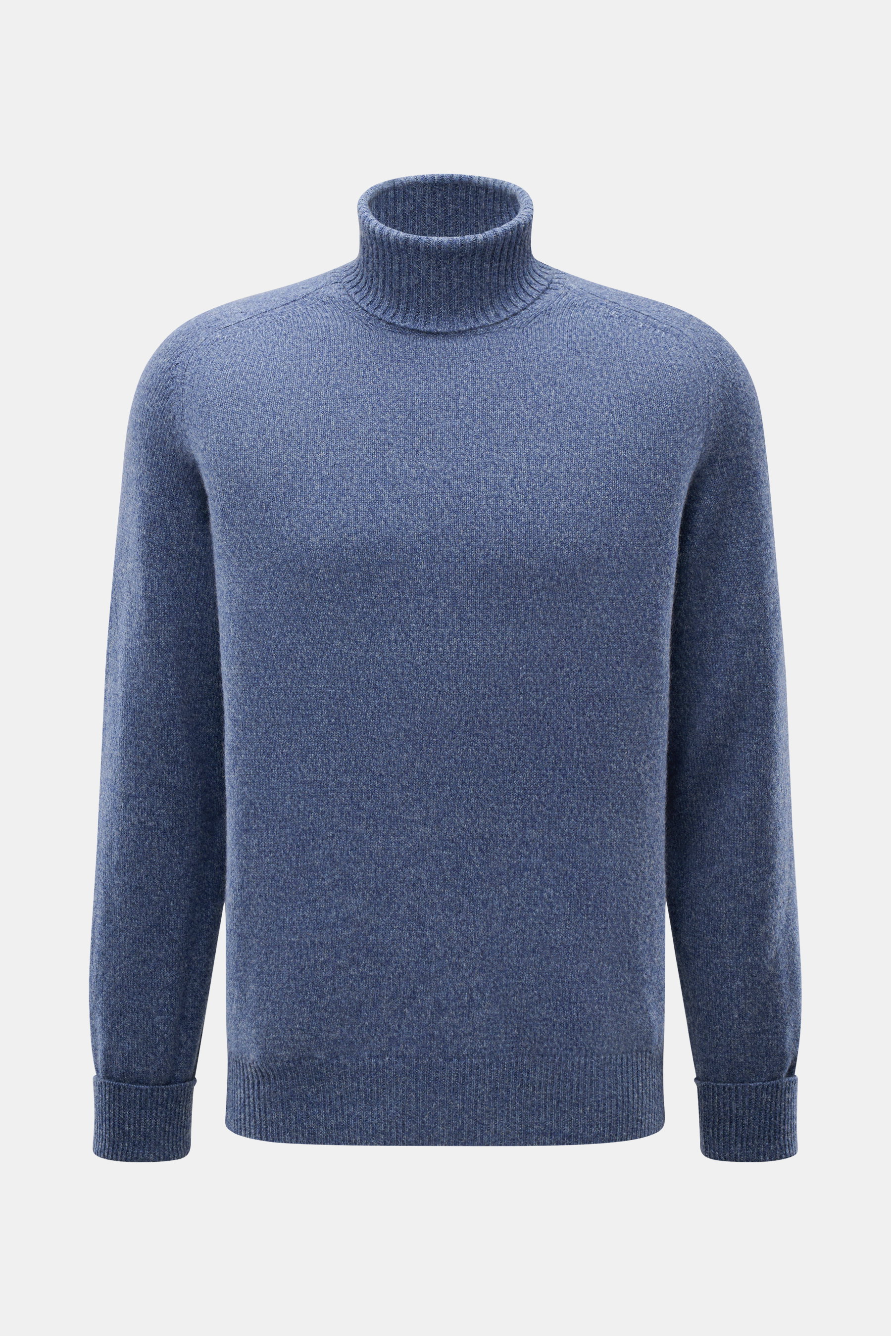 Fedeli Cashmere Rollkragenpullover 'Derby Saddler' dunkelblau meliert, Slim Fit, weicher Griff, feines Strickbild, anliegender Rollkragen, flexible Rippbündchen, von vorne fotografiert.