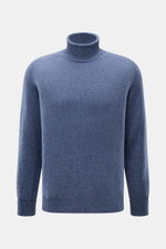 Fedeli Cashmere Rollkragenpullover 'Derby Saddler' dunkelblau meliert, Slim Fit, weicher Griff, feines Strickbild, anliegender Rollkragen, flexible Rippbündchen, von vorne fotografiert.