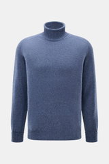 Fedeli Cashmere Rollkragenpullover 'Derby Saddler' dunkelblau meliert, Slim Fit, weicher Griff, feines Strickbild, anliegender Rollkragen, flexible Rippbündchen, von vorne fotografiert.