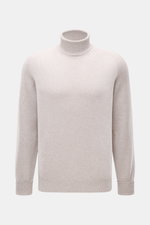 Fedeli Cashmere Rollkragenpullover 'Derby Saddler' beige meliert, Slim Fit mit weichem Griff, feinem Strickbild, anliegendem Rollkragen, flexible Rippbündchen, frontal fotografiert.