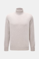 Fedeli Cashmere Rollkragenpullover 'Derby Saddler' beige meliert, Slim Fit mit weichem Griff, feinem Strickbild, anliegendem Rollkragen, flexible Rippbündchen, frontal fotografiert.