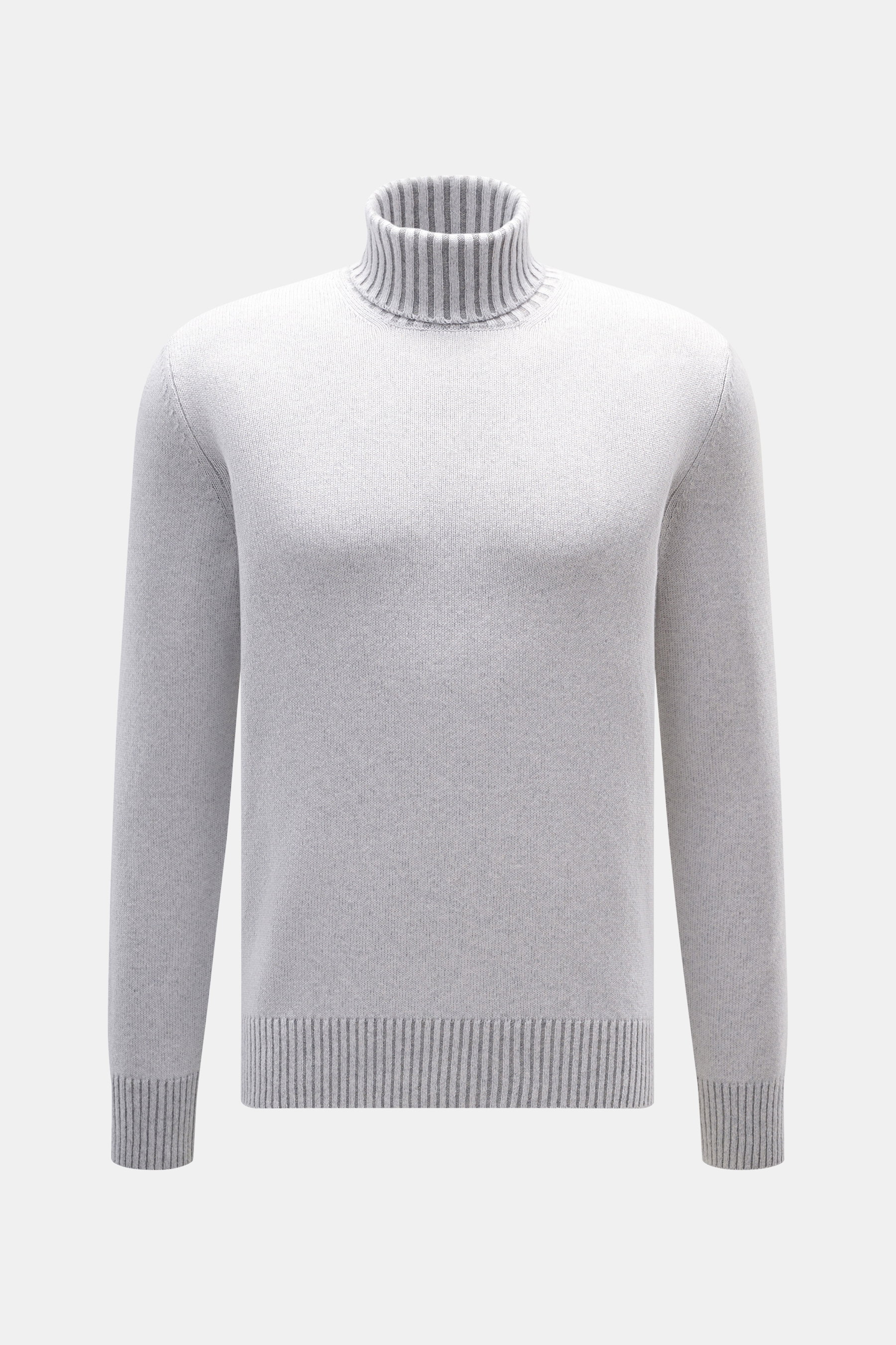 Gran Sasso Cashmere Rollkragenpullover hellblau meliert, frontal fotografiert, reiner Cashmere, mittelfeines Strickbild, Regular Fit, anliegender Rollkragen, weicher Griff, Rippbündchen.