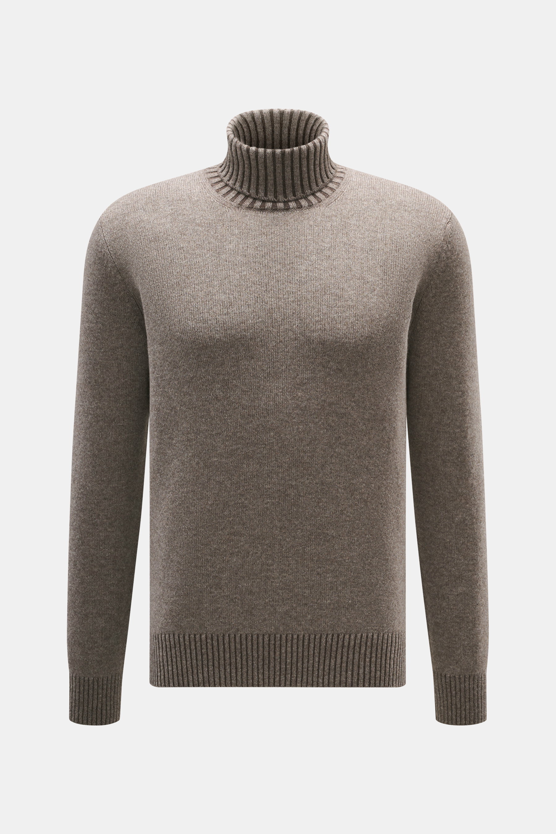 Gran Sasso Cashmere Rollkragenpullover taupe meliert, frontal fotografiert, reiner Cashmere, sehr weicher Griff, mittelfeines Strickbild, Regular Fit, anliegender Rollkragen, komfortable Rippbündchen.