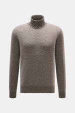 Front view of Gran Sasso Cashmere turtleneck sweater taupe melange featuring pure cashmere, very soft feel, medium-fine knit pattern, regular fit, fitted turtleneck, and comfortable ribbed cuffs.