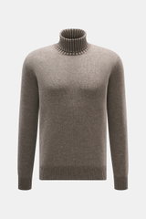 Front view of Gran Sasso Cashmere turtleneck sweater taupe melange featuring pure cashmere, very soft feel, medium-fine knit pattern, regular fit, fitted turtleneck, and comfortable ribbed cuffs.