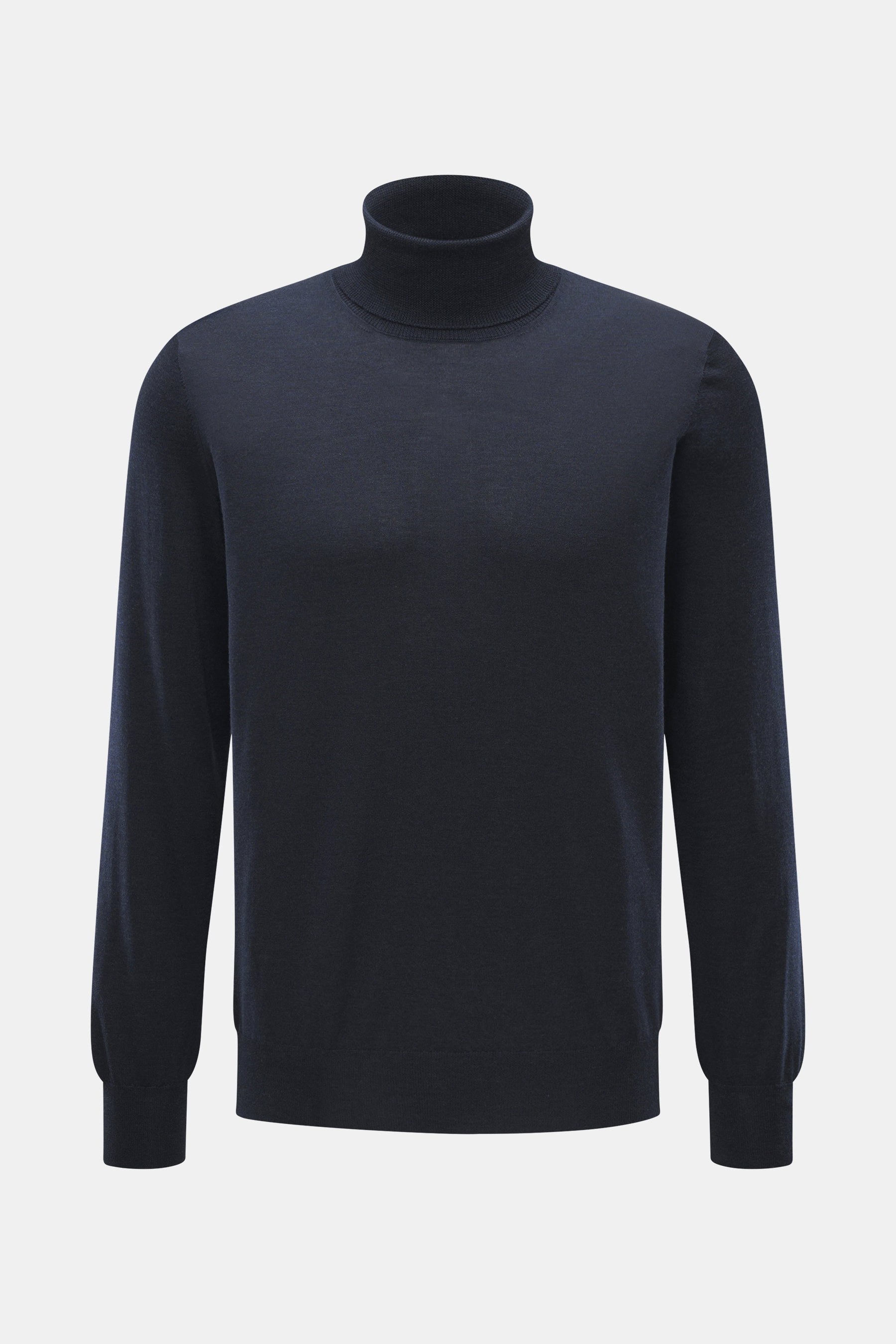 Front view of Gran Sasso Fine knit turtleneck sweater navy, made of virgin wool, cashmere, silk, soft touch, fine knit, regular fit, fitted turtleneck, elastic ribbed cuffs.