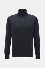Front view of Gran Sasso Fine knit turtleneck sweater navy, made of virgin wool, cashmere, silk, soft touch, fine knit, regular fit, fitted turtleneck, elastic ribbed cuffs.