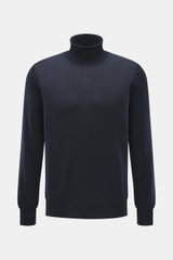 Front view of Gran Sasso Fine knit turtleneck sweater navy, made of virgin wool, cashmere, silk, soft touch, fine knit, regular fit, fitted turtleneck, elastic ribbed cuffs.
