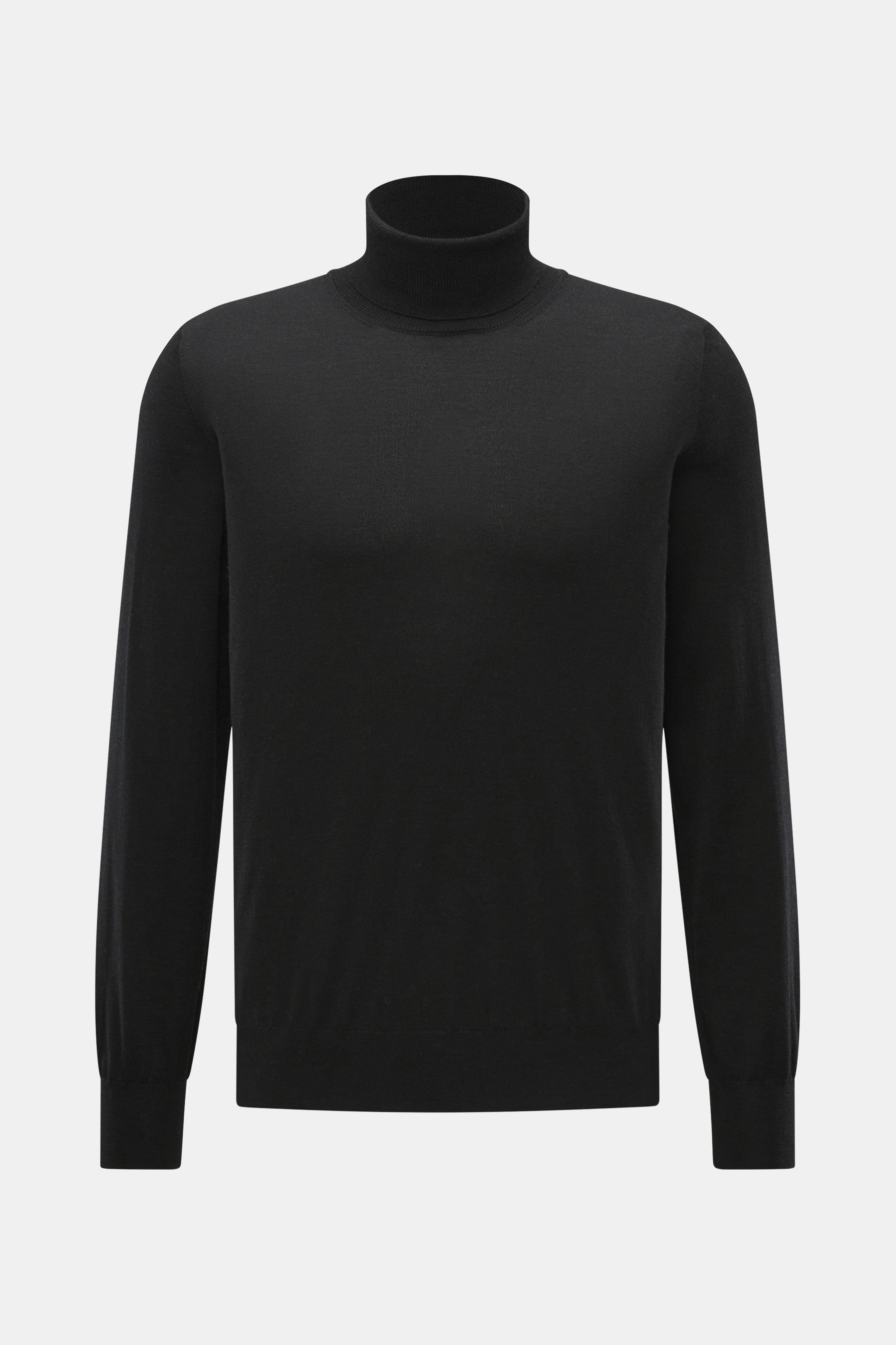 Gran Sasso Feinstrick-Rollkragenpullover schwarz, Frontansicht, Regular Fit, Mix aus Schurwolle, Cashmere, Seide, softer Griff, feines Strickbild, anliegender Rollkragen, elastische Rippbündchen