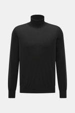 Gran Sasso Feinstrick-Rollkragenpullover schwarz, Frontansicht, Regular Fit, Mix aus Schurwolle, Cashmere, Seide, softer Griff, feines Strickbild, anliegender Rollkragen, elastische Rippbündchen
