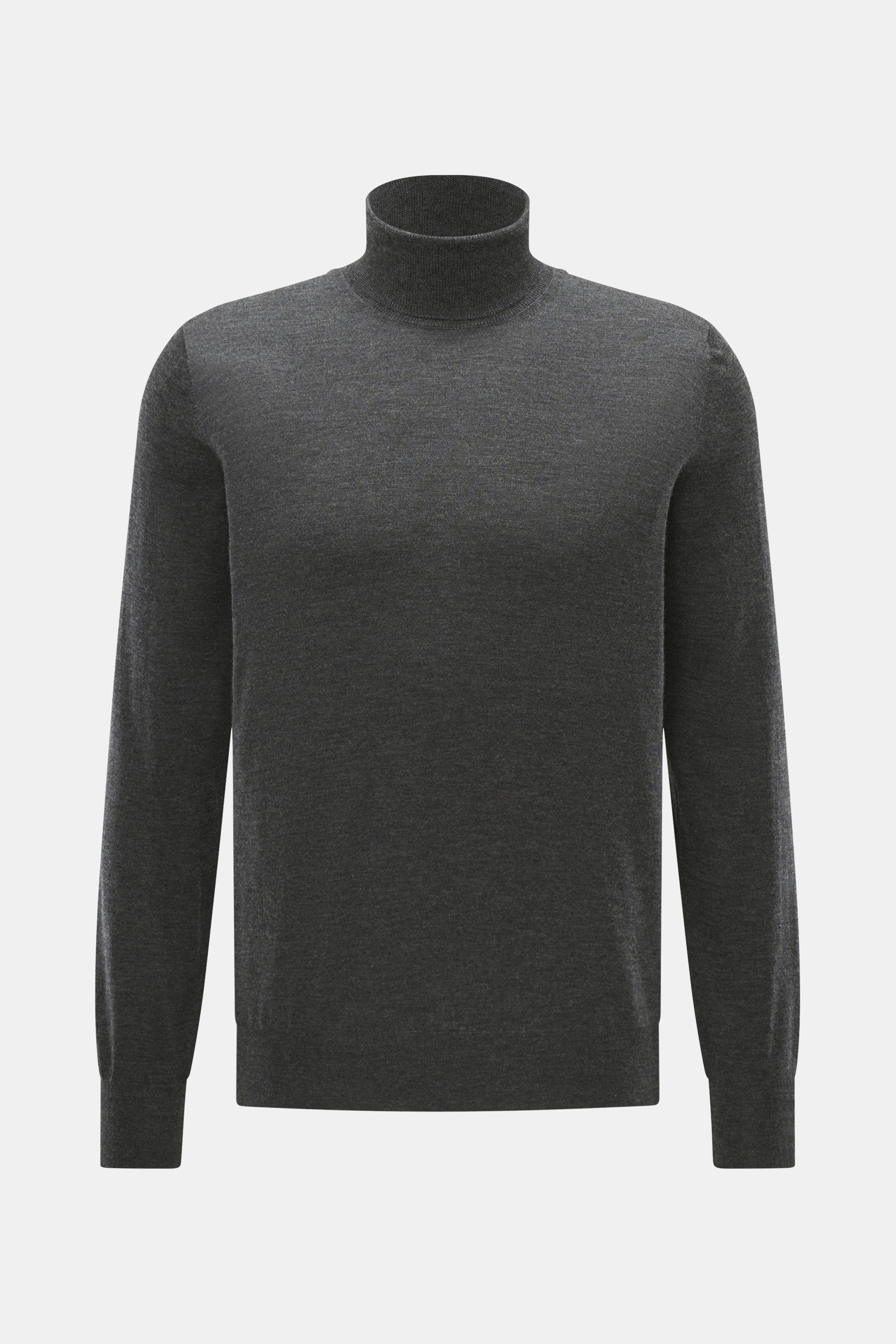 Gran Sasso Feinstrick-Rollkragenpullover dunkelgrau meliert, frontal fotografiert, Regular Fit, Mix aus Schurwolle, Cashmere, Seide, softer Griff, feines Strickbild, anliegender Rollkragen, elastische Rippbündchen.