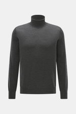 Gran Sasso Feinstrick-Rollkragenpullover dunkelgrau meliert, frontal fotografiert, Regular Fit, Mix aus Schurwolle, Cashmere, Seide, softer Griff, feines Strickbild, anliegender Rollkragen, elastische Rippbündchen.