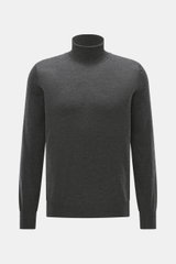 Gran Sasso Feinstrick-Rollkragenpullover dunkelgrau meliert, frontal fotografiert, Regular Fit, Mix aus Schurwolle, Cashmere, Seide, softer Griff, feines Strickbild, anliegender Rollkragen, elastische Rippbündchen.