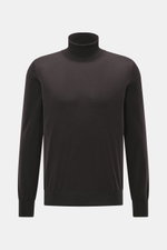 Gran Sasso Feinstrick-Rollkragenpullover dunkelbraun, frontale Nahaufnahme, Mix Schurwolle, Cashmere, Seide, softer Griff, Regular Fit, anliegender Rollkragen, elastische Rippbündchen.