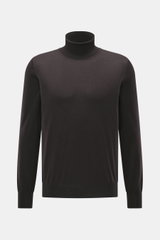 Gran Sasso Feinstrick-Rollkragenpullover dunkelbraun, frontale Nahaufnahme, Mix Schurwolle, Cashmere, Seide, softer Griff, Regular Fit, anliegender Rollkragen, elastische Rippbündchen.