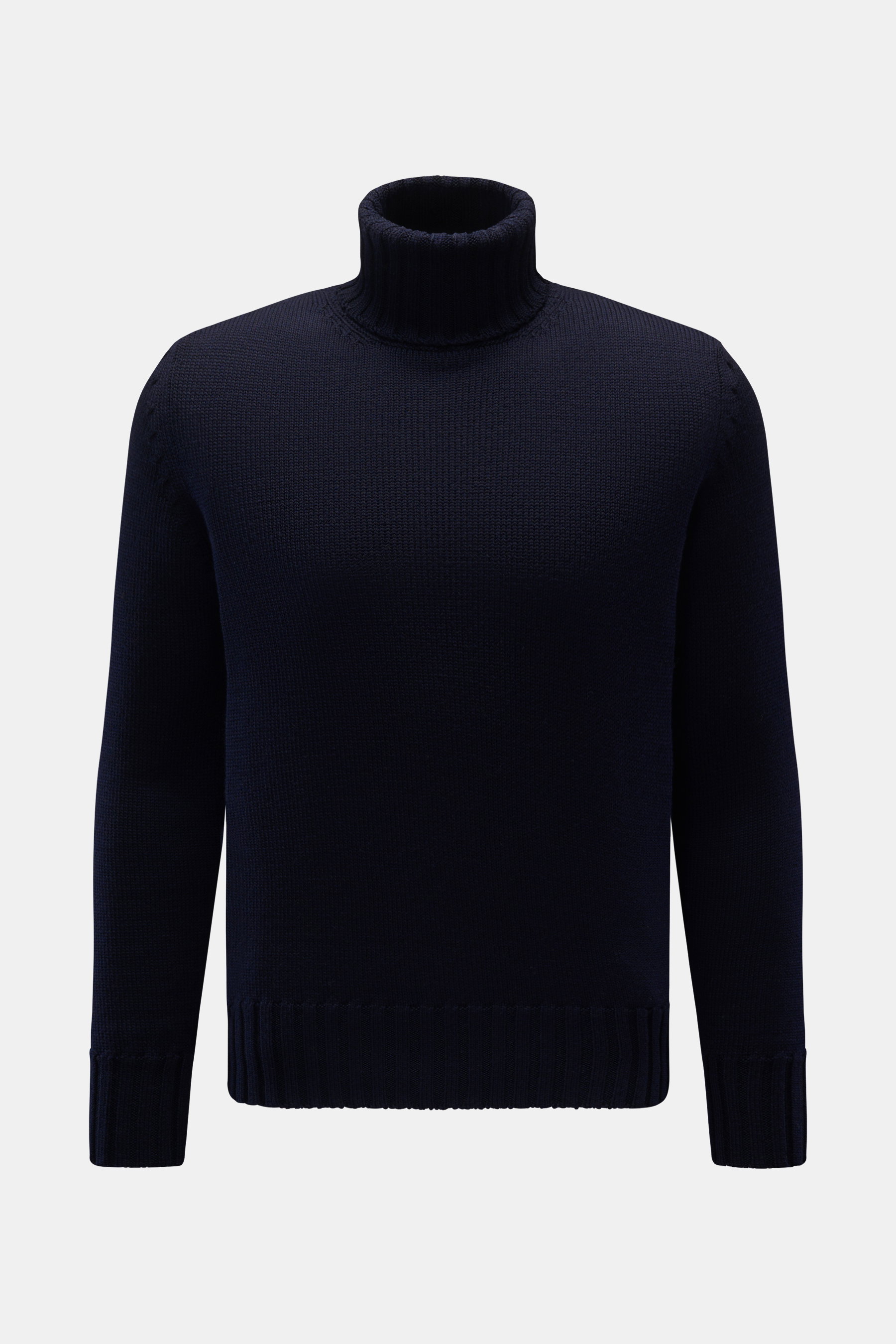 Vorderansicht des B.F. Knitwear Merino Rollkragenpullover navy, reine Merinowolle, weicher Griff, mittelgrobes Strickbild, Slim Fit, gerippter Rollkragen, flexible Rippbündchen.
