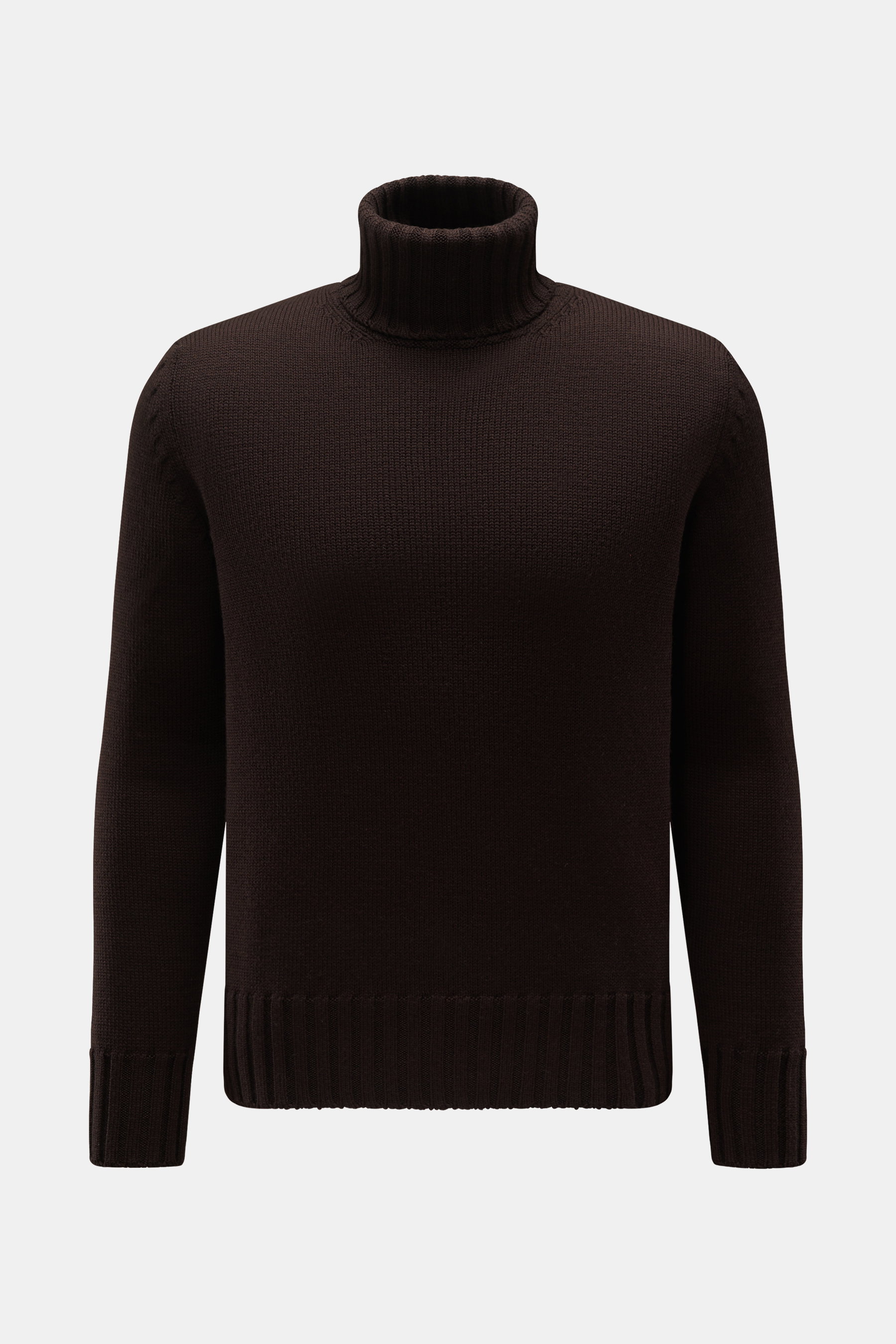 B.F. Knitwear Merino Rollkragenpullover dunkelbraun, Frontansicht, reine Merinowolle, weicher Griff, mittelgrobes Strickbild, Slim Fit, gerippter Rollkragen, flexible Rippbündchen.