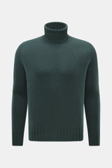 Front view of B.F. Knitwear Merino turtleneck jumper dark green, pure merino wool, soft feel, semi chunky knit, slim fit, ribbed turtleneck, flexible ribbed bands.