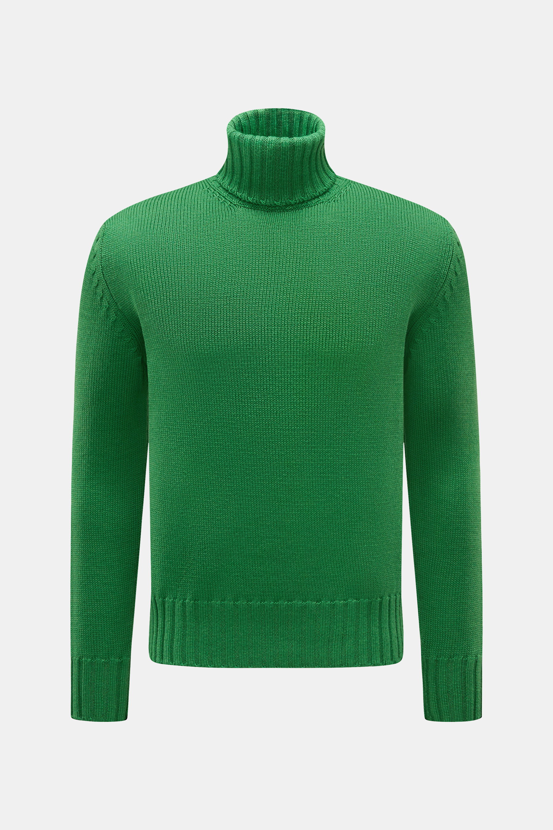 B.F. Knitwear Merino Rollkragenpullover grün, frontal fotografiert, reine Merinowolle, weicher Griff, mittelgrobes Strickbild, Slim Fit, gerippter Rollkragen, flexible Rippbündchen
