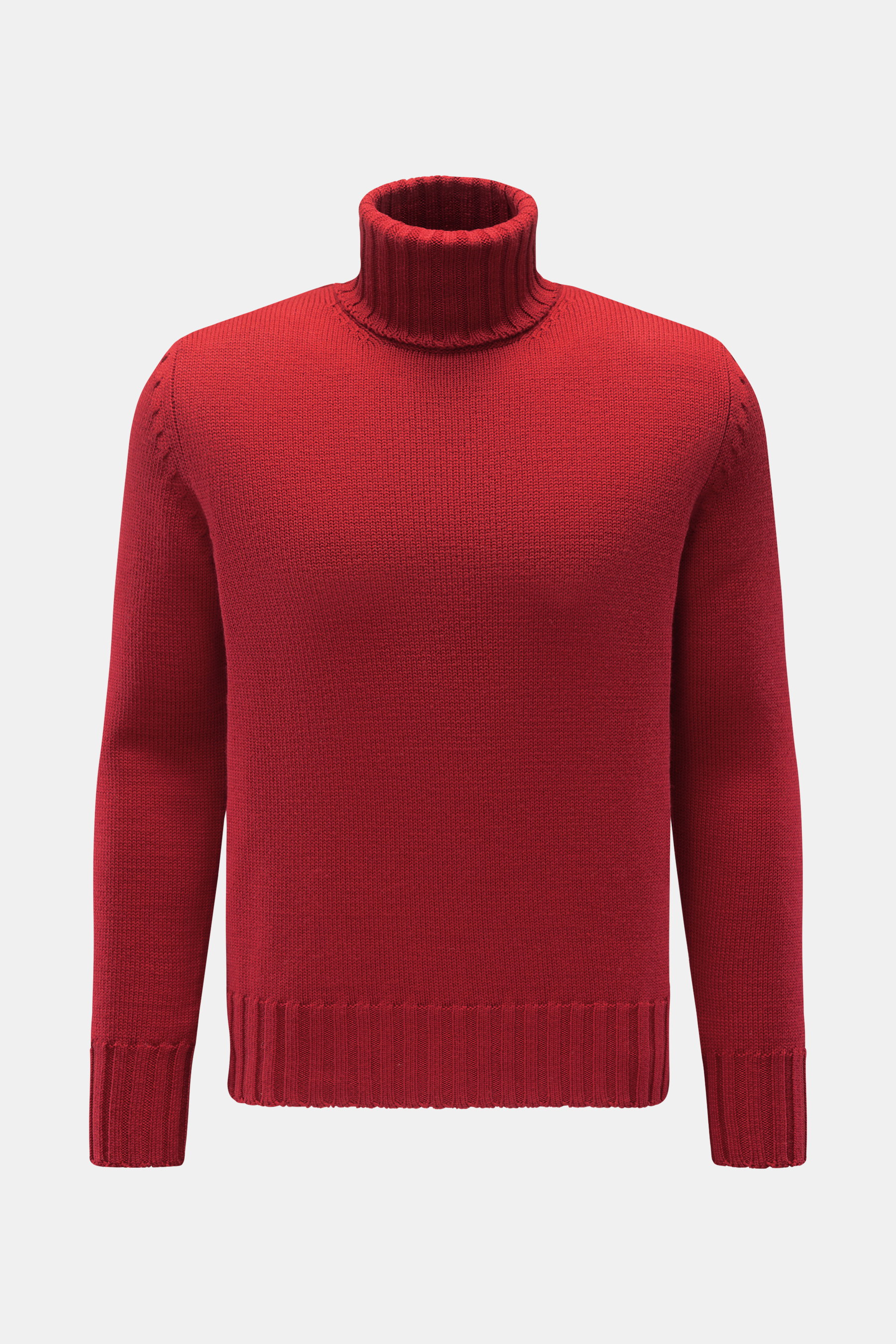 B.F. Knitwear Merino Rollkragenpullover rot, frontale Nahaufnahme, reine Merinowolle, weicher Griff, mittelgrobes Strickbild, Slim Fit, gerippter Rollkragen, flexible Rippbündchen