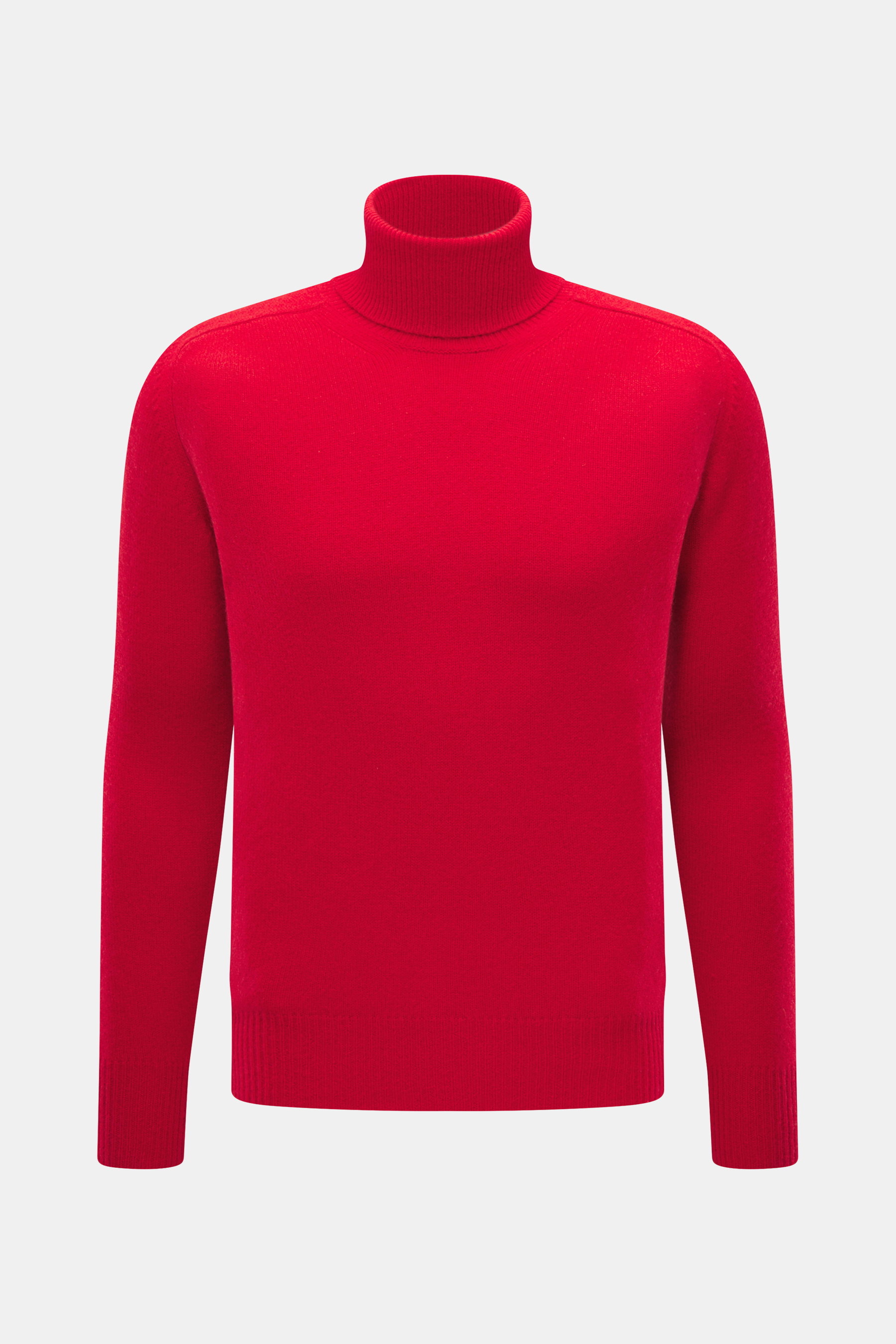 B.F. Knitwear Cashmere Turtleneck Sweater red shown from front, slim fit with fitted turtleneck, elastic rib-knit cuffs, soft pure cashmere.