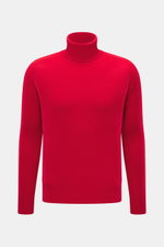 B.F. Knitwear Cashmere Turtleneck Sweater red shown from front, slim fit with fitted turtleneck, elastic rib-knit cuffs, soft pure cashmere.