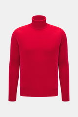 B.F. Knitwear Cashmere Turtleneck Sweater red shown from front, slim fit with fitted turtleneck, elastic rib-knit cuffs, soft pure cashmere.