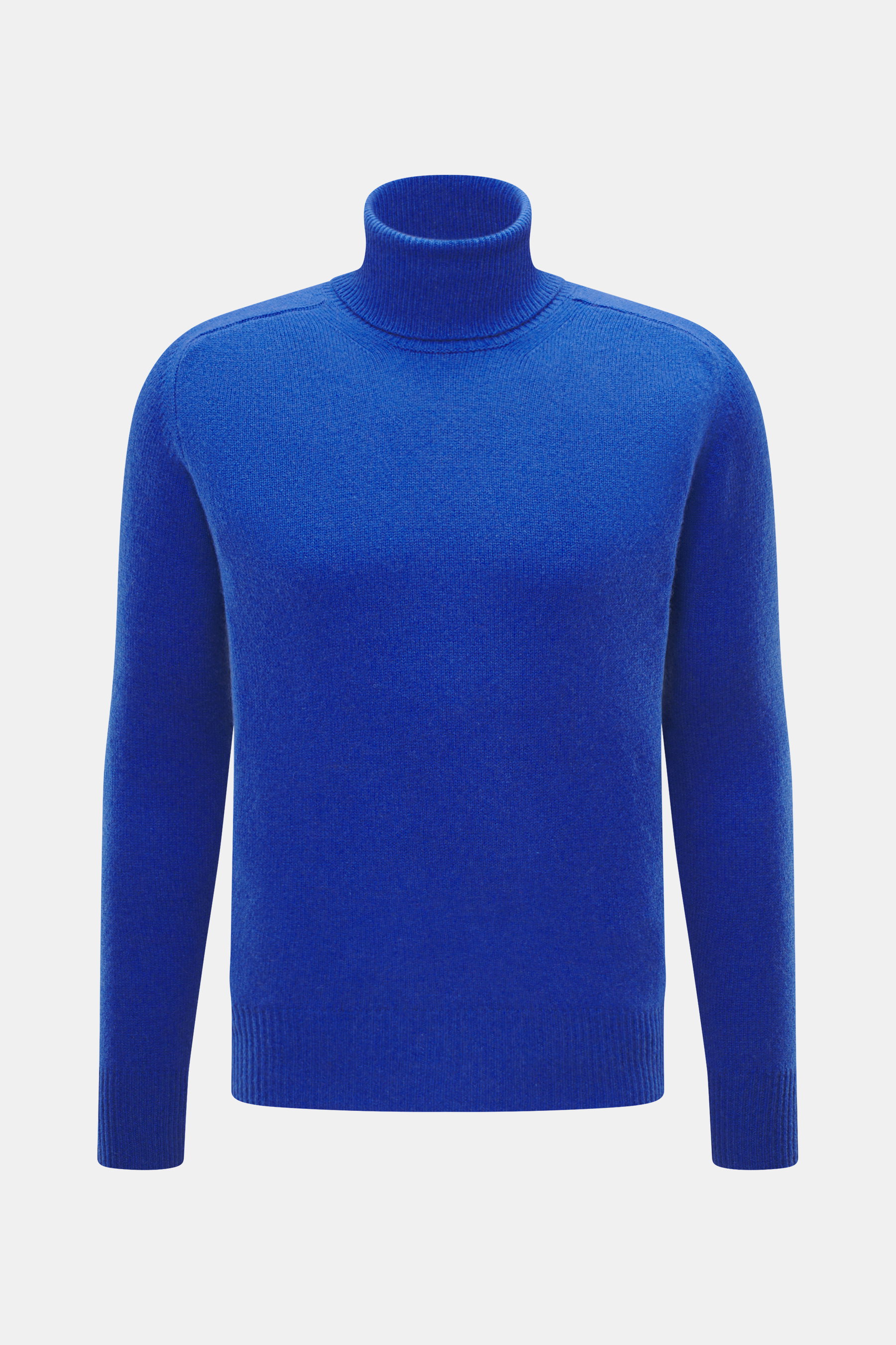 Front view of B.F. Knitwear Cashmere Turtleneck Sweater blue, a pure cashmere, soft-touch, slim fit sweater with medium-fine knit, fitted turtleneck, and elastic rib-knit cuffs, perfect for autumn, made in Italy.