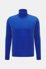 Front view of B.F. Knitwear Cashmere Turtleneck Sweater blue, a pure cashmere, soft-touch, slim fit sweater with medium-fine knit, fitted turtleneck, and elastic rib-knit cuffs, perfect for autumn, made in Italy.