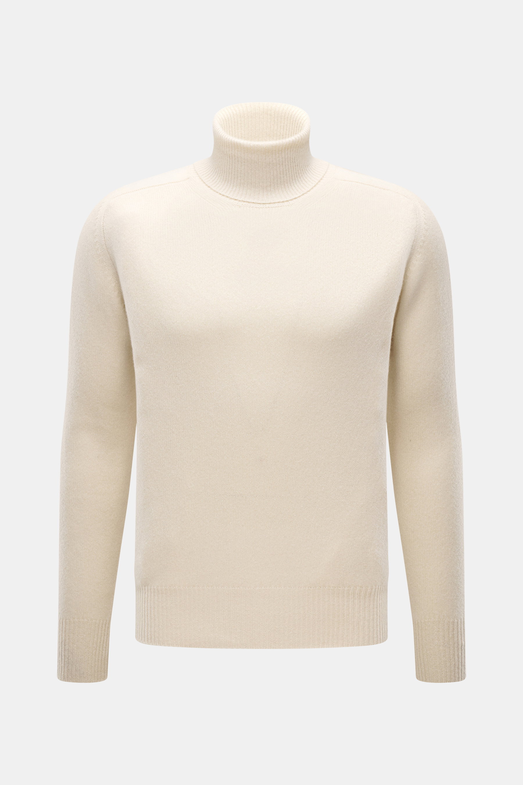 Front view of B.F. Knitwear Cashmere Turtleneck Sweater cream, a slim fit, pure cashmere, medium-fine knit with soft touch and elastic rib-knit cuffs.