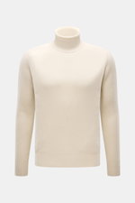 Front view of B.F. Knitwear Cashmere Turtleneck Sweater cream, a slim fit, pure cashmere, medium-fine knit with soft touch and elastic rib-knit cuffs.