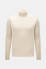 Front view of B.F. Knitwear Cashmere Turtleneck Sweater cream, a slim fit, pure cashmere, medium-fine knit with soft touch and elastic rib-knit cuffs.