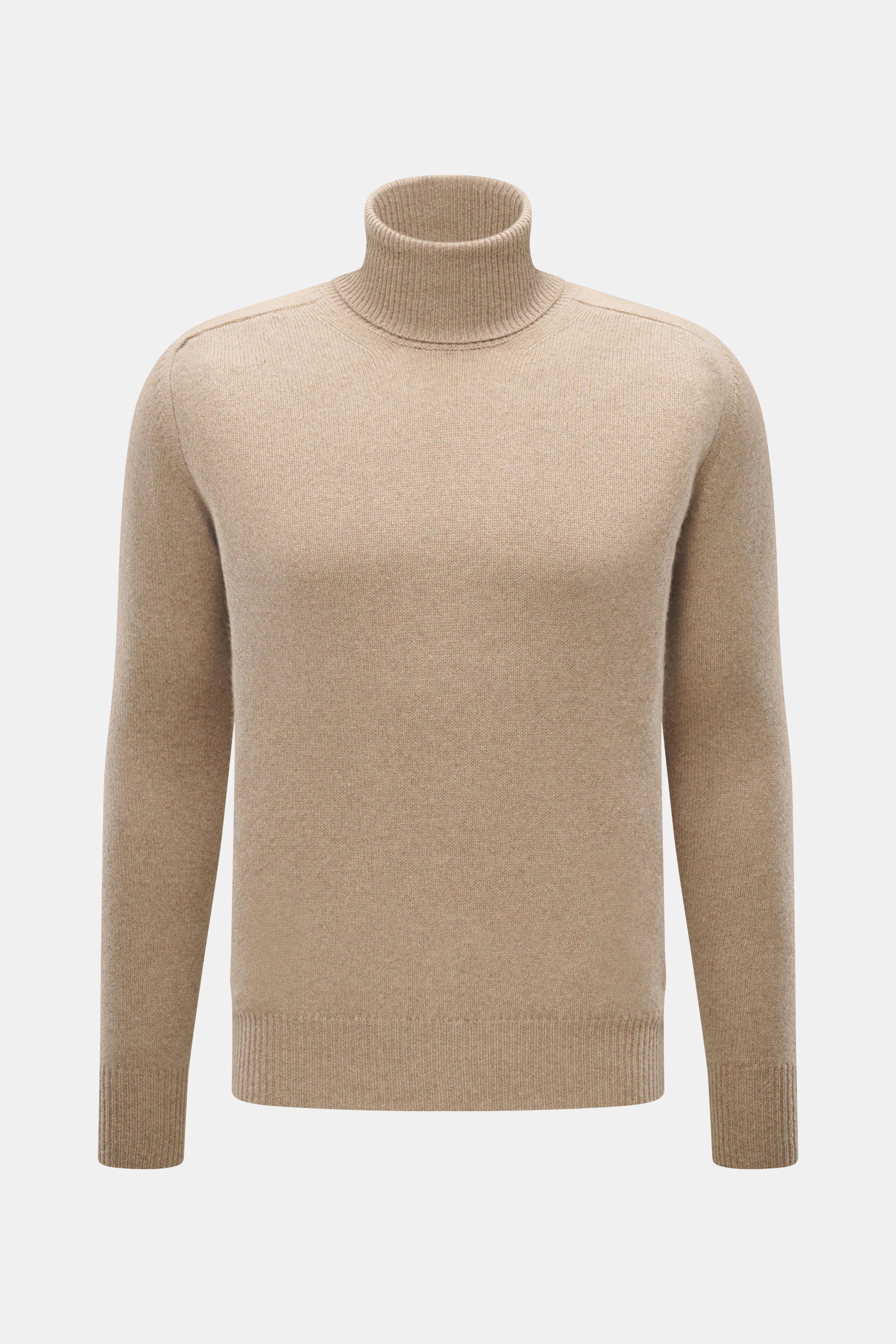 B.F. Knitwear Cashmere Turtleneck Sweater beige shown from front, slim fit with fitted turtleneck, elastic rib-knit cuffs, medium-fine knit, pure cashmere.