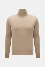 B.F. Knitwear Cashmere Turtleneck Sweater beige shown from front, slim fit with fitted turtleneck, elastic rib-knit cuffs, medium-fine knit, pure cashmere.