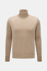 B.F. Knitwear Cashmere Turtleneck Sweater beige shown from front, slim fit with fitted turtleneck, elastic rib-knit cuffs, medium-fine knit, pure cashmere.