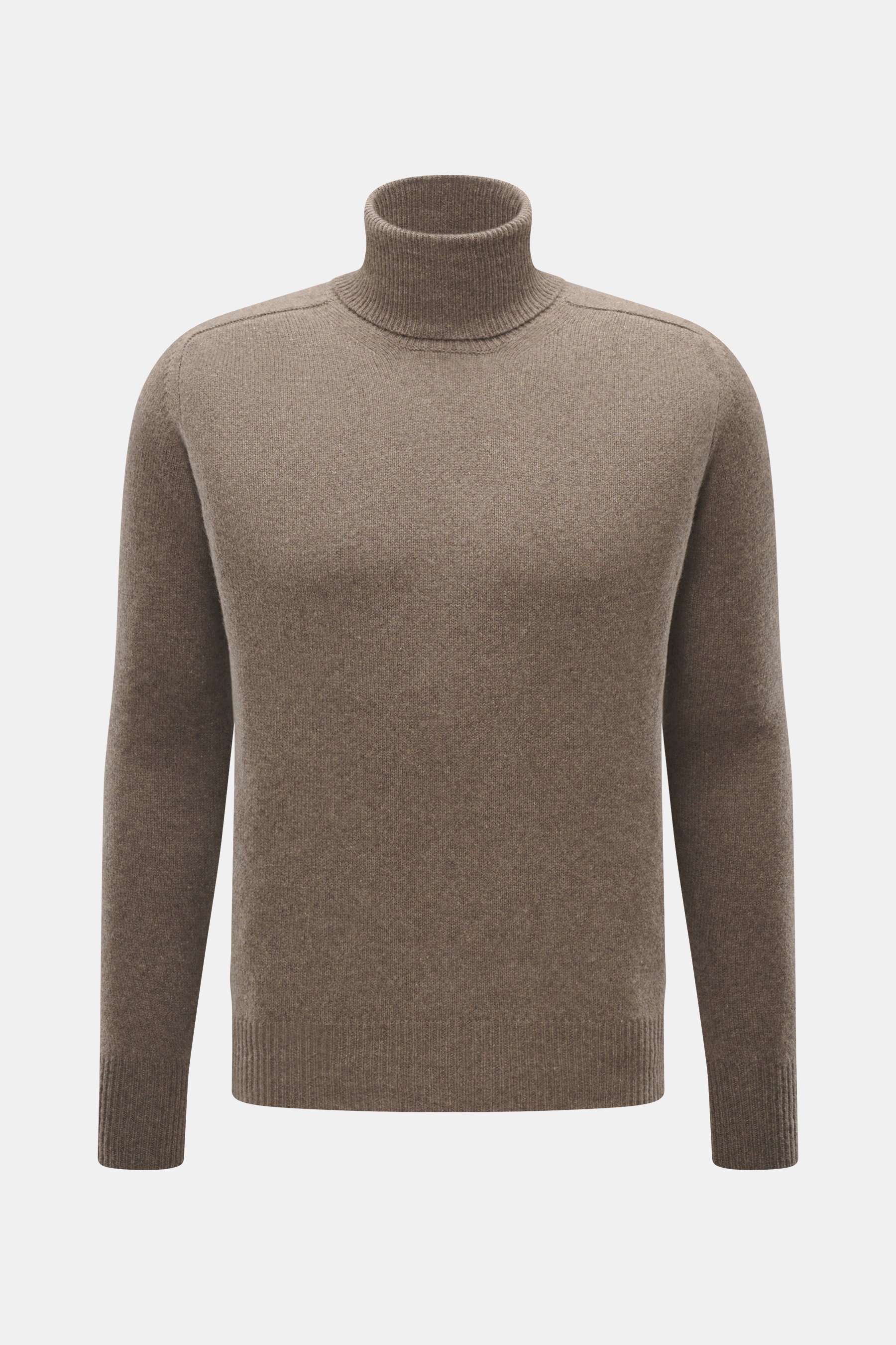Front view of B.F. Knitwear Cashmere Turtleneck Sweater taupe melange, a slim fit, pure cashmere turtleneck with soft touch, medium-fine knit, fitted collar, and elastic rib-knit cuffs, made in Italy.