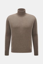 Front view of B.F. Knitwear Cashmere Turtleneck Sweater taupe melange, a slim fit, pure cashmere turtleneck with soft touch, medium-fine knit, fitted collar, and elastic rib-knit cuffs, made in Italy.